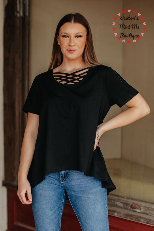 Essentail Black Relaxed Fit Caged Neck Top