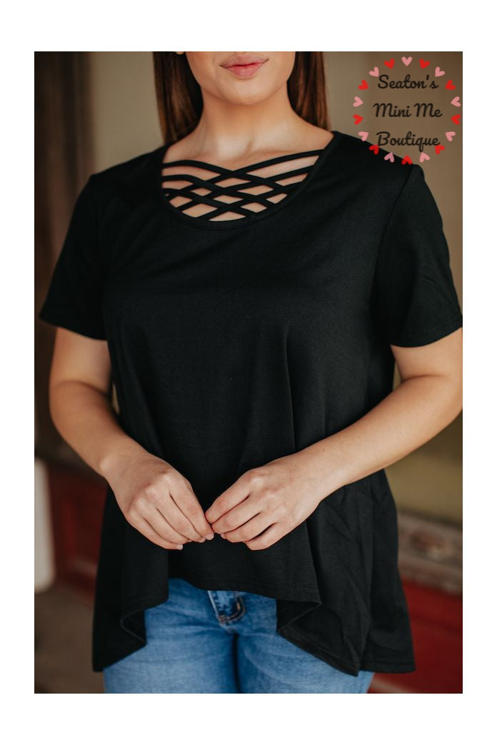 Essentail Black Relaxed Fit Caged Neck Top